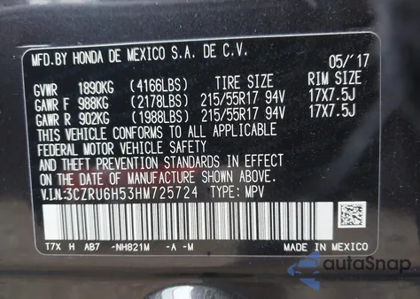 2017 Honda Hr-V Ex from USA, damaged, VIN 3CZRU6H53HM725724